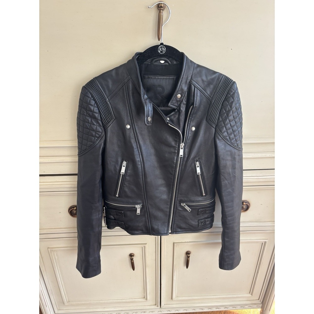 Intuition Paris Black Leather Moto Jacket 34/XS Zip‎ Buckle Accent EUC